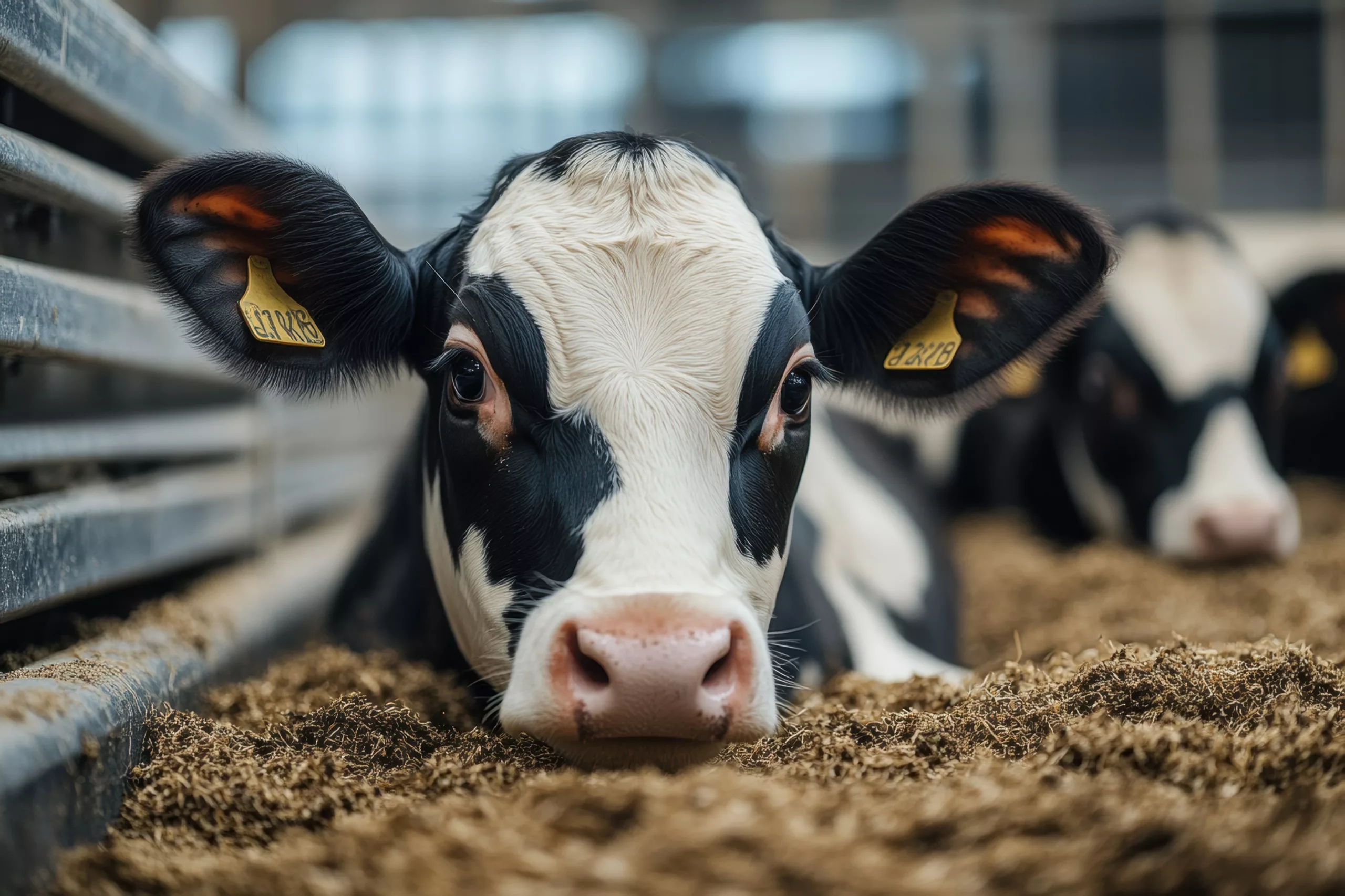 Curious dairy cow resting in barn