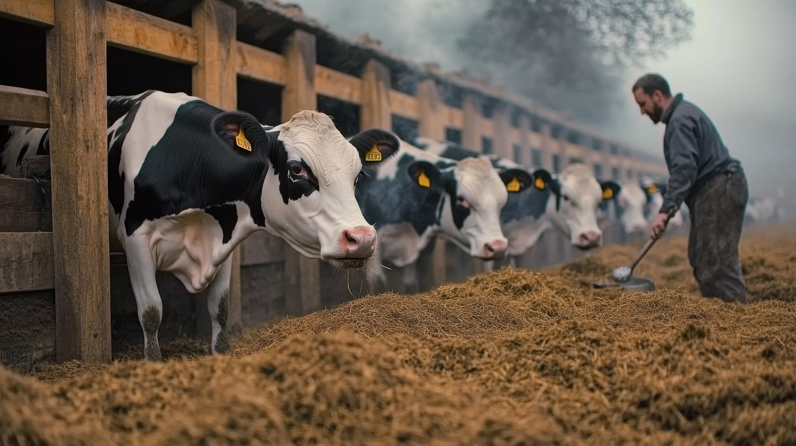 Farmer diligently distributing hay to a herd of dairy cows inside a spacious, modern barn, ensuring proper nutrition and care for the livestock while supporting sustainable agriculture practices