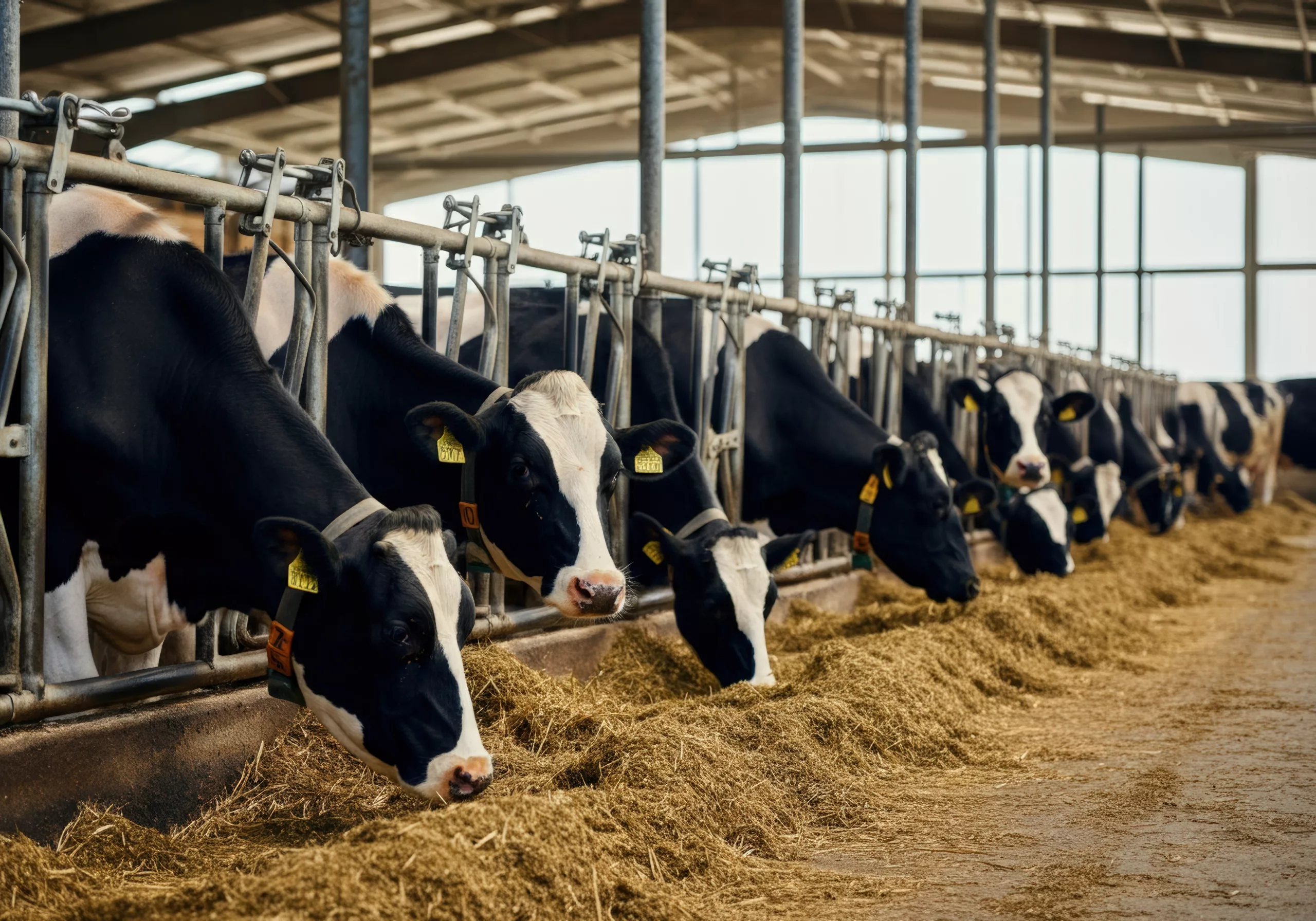A row of black and white cows feeding in a spacious dairy barn, highlighting modern agricultural practices. The image captures the essence of livestock farming and the care taken in dairy production. Ideal for agricultural publications and farm-related content