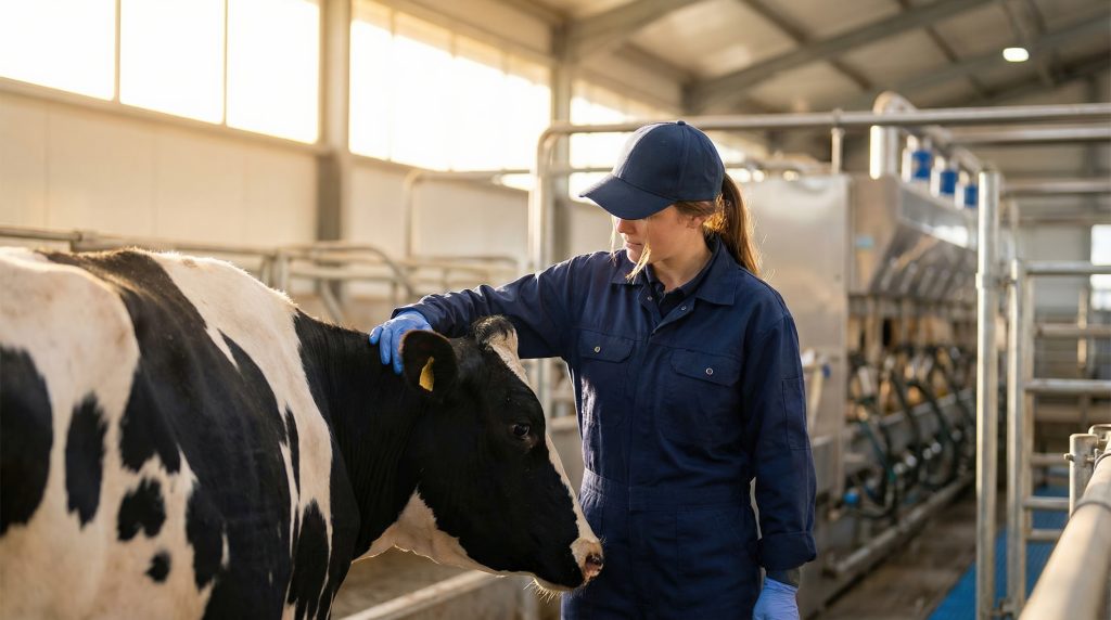 ClimaBarn helps with managing heat stress in dairy cows by controlling barn ventilation. Veterinary checks cow for signs