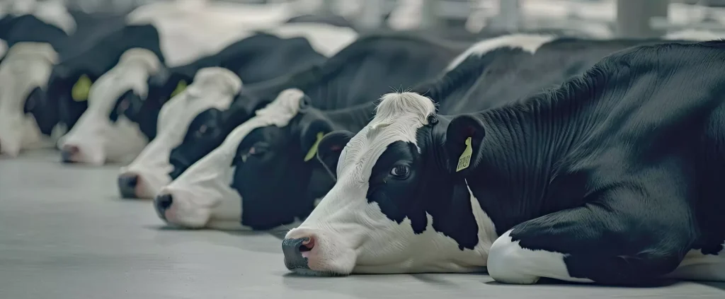 A group of black and white dairy cows lies comfortably on a smooth concrete floor inside a spacious barn designed for livestock. The cows are dispersed in a neat row, highlighting their calm demeanor in the well-lit environment.